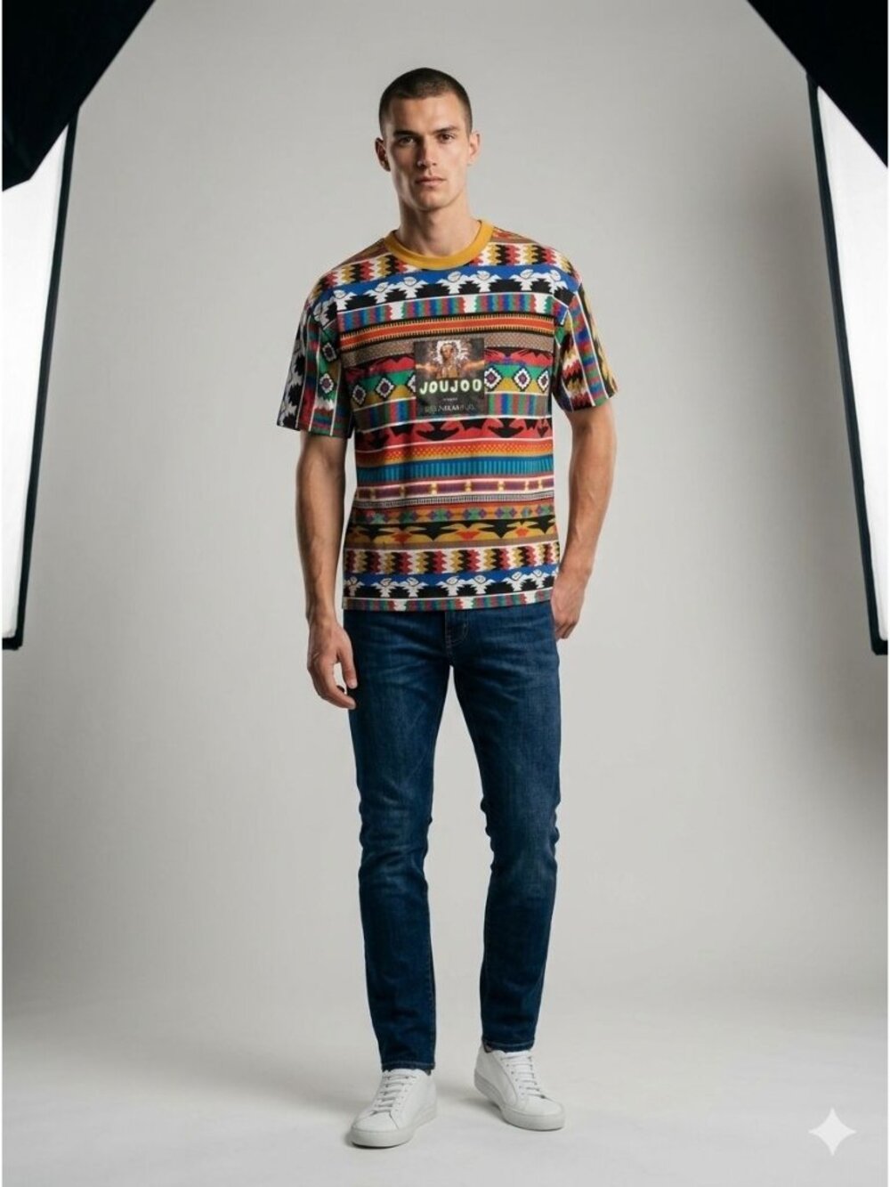 Vintage T-shirt Large Jou Jou Brand Graphic Tribal Print Crewneck 1990s